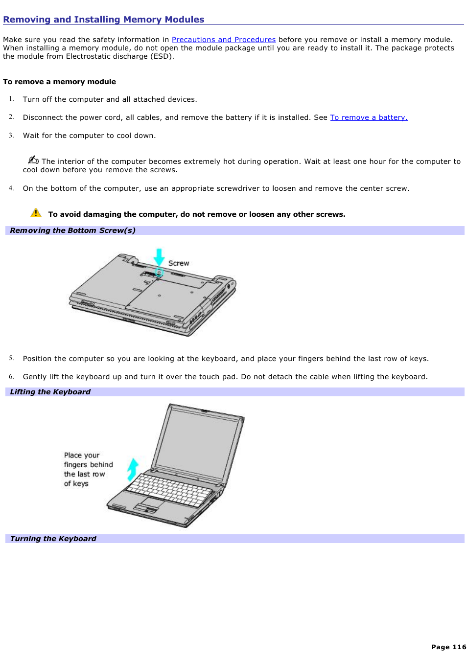 Removing and installing memory modules | Sony PCG-V505DC2K User Manual | Page 116 / 131