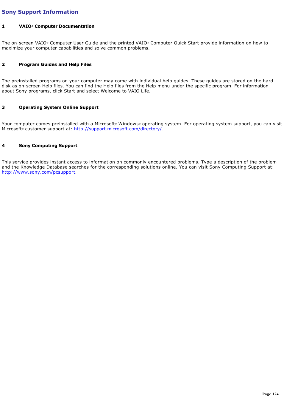 Sony support information | Sony PCG-V505DC2K User Manual | Page 124 / 131