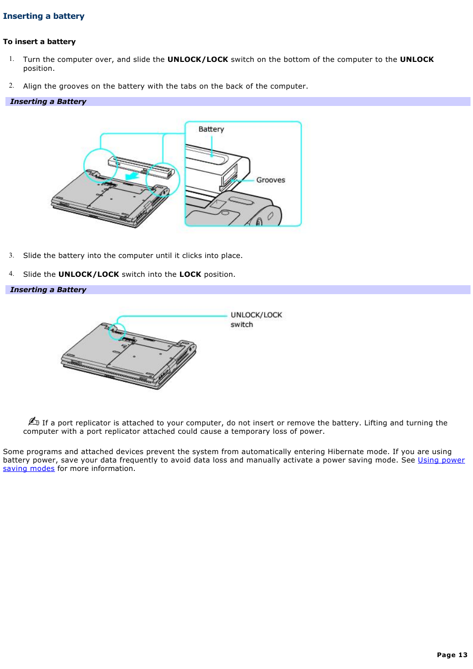 Inserting a battery | Sony PCG-V505DC2K User Manual | Page 13 / 131