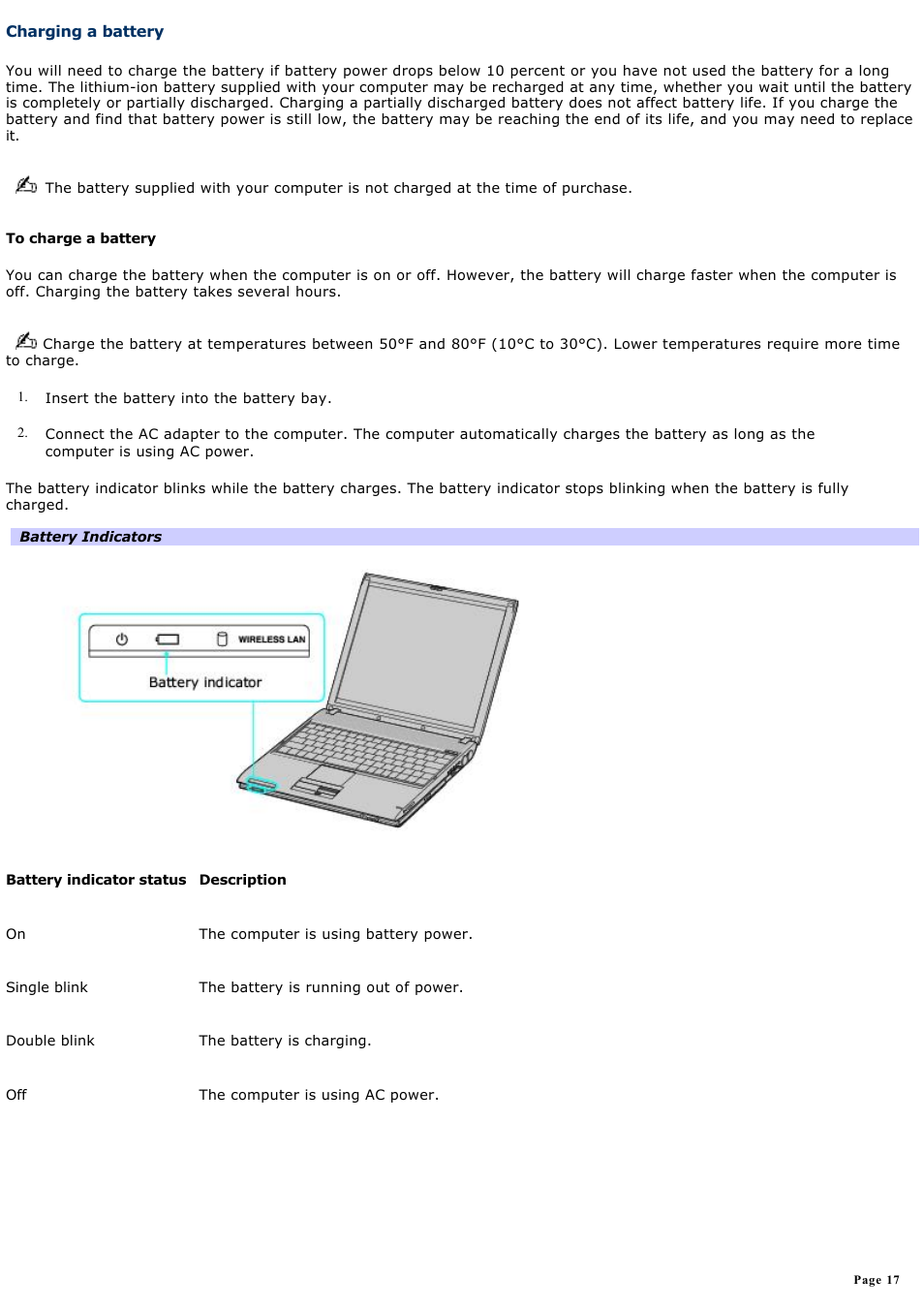 Charging a battery | Sony PCG-V505DC2K User Manual | Page 17 / 131