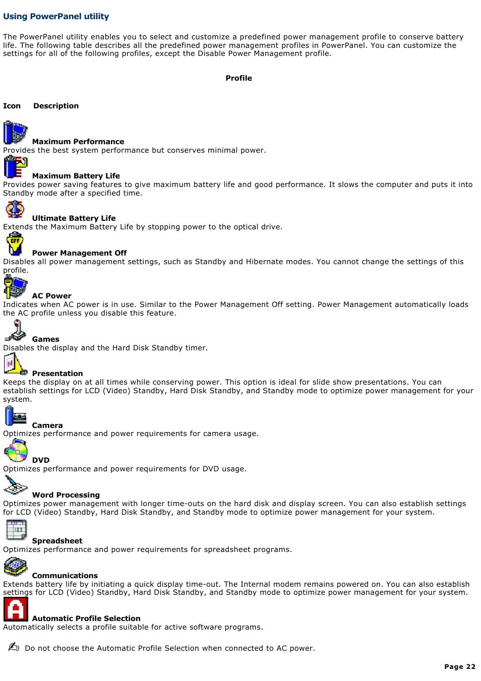 Using powerpanel utility | Sony PCG-V505DC2K User Manual | Page 22 / 131