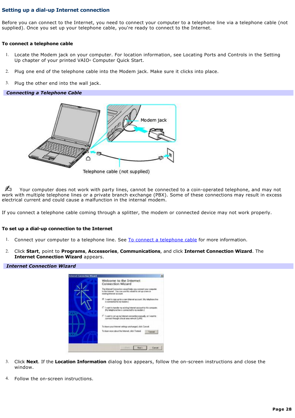 Setting up a dial-up internet connection | Sony PCG-V505DC2K User Manual | Page 28 / 131