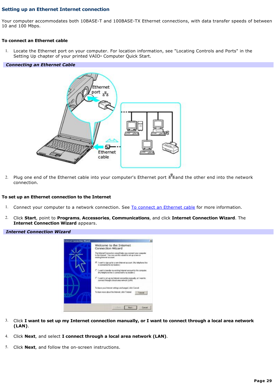 Setting up an ethernet internet connection | Sony PCG-V505DC2K User Manual | Page 29 / 131