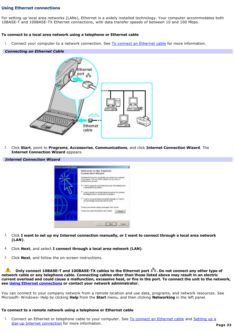 Using ethernet connections | Sony PCG-V505DC2K User Manual | Page 33 / 131