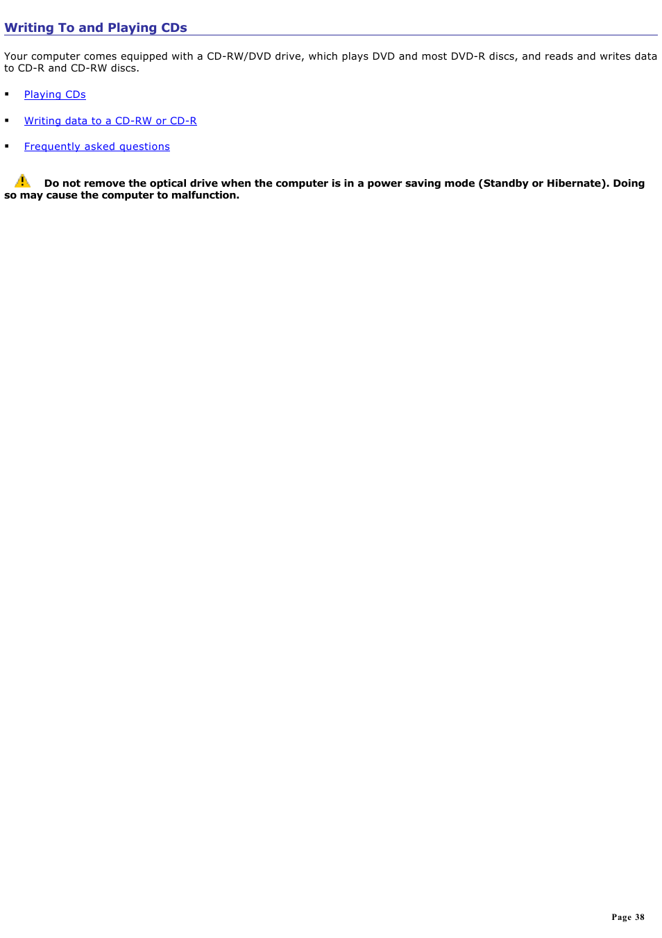 Writing to and playing cds | Sony PCG-V505DC2K User Manual | Page 38 / 131