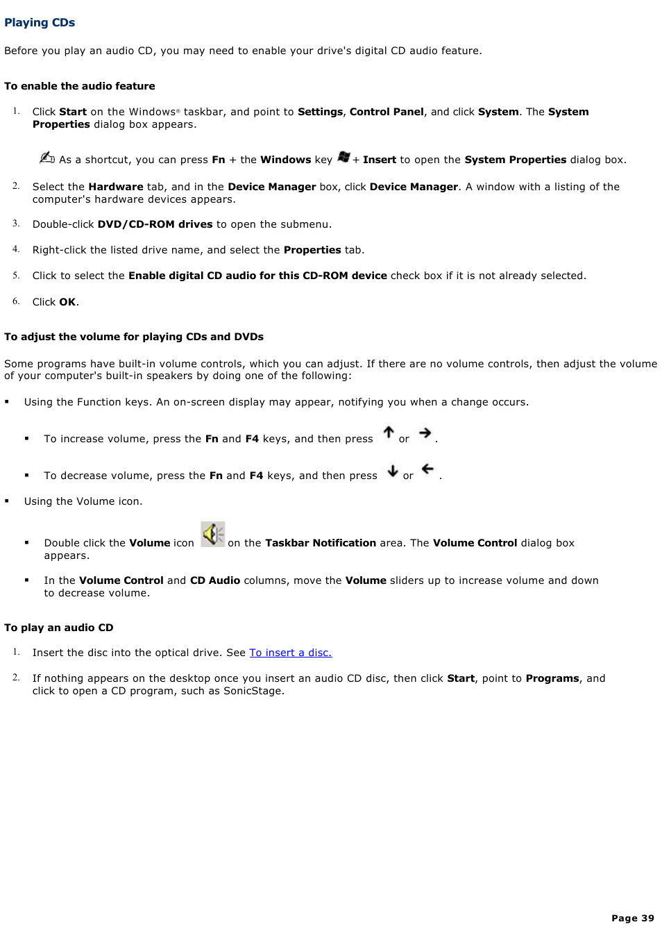 Playing cds | Sony PCG-V505DC2K User Manual | Page 39 / 131