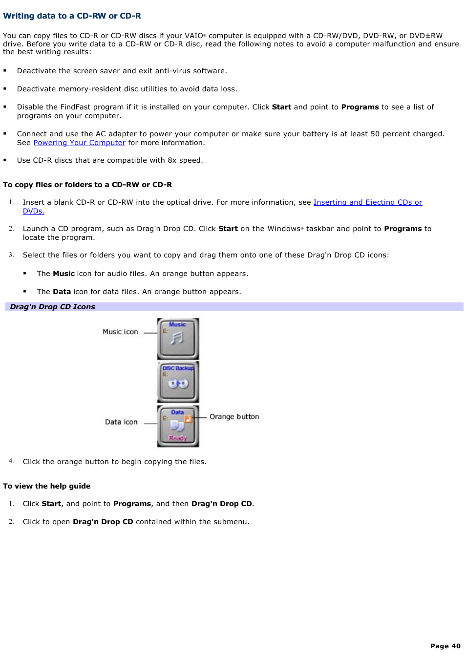 Writing data to a cd-rw or cd-r | Sony PCG-V505DC2K User Manual | Page 40 / 131