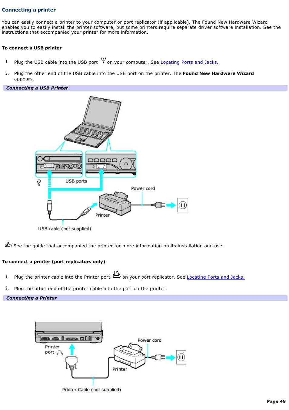 Connecting a printer | Sony PCG-V505DC2K User Manual | Page 48 / 131