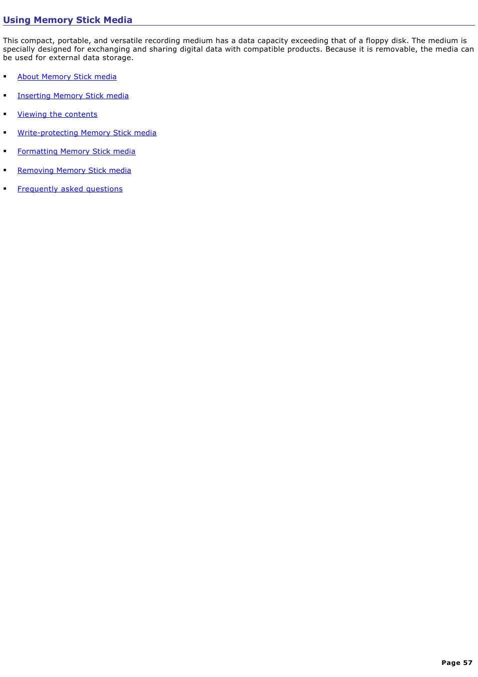 Using memory stick media | Sony PCG-V505DC2K User Manual | Page 57 / 131