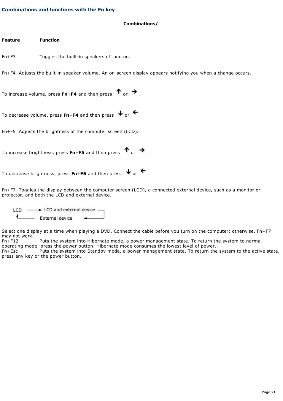 Combinations and functions with the fn key, Combinations and functions with, The fn key | Sony PCG-V505DC2K User Manual | Page 71 / 131