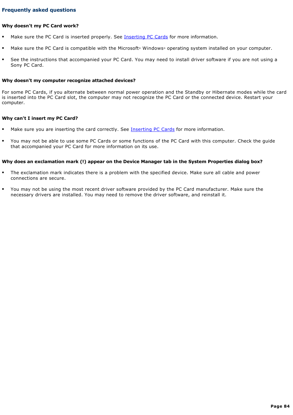 Frequently asked questions | Sony PCG-V505DC2K User Manual | Page 84 / 131