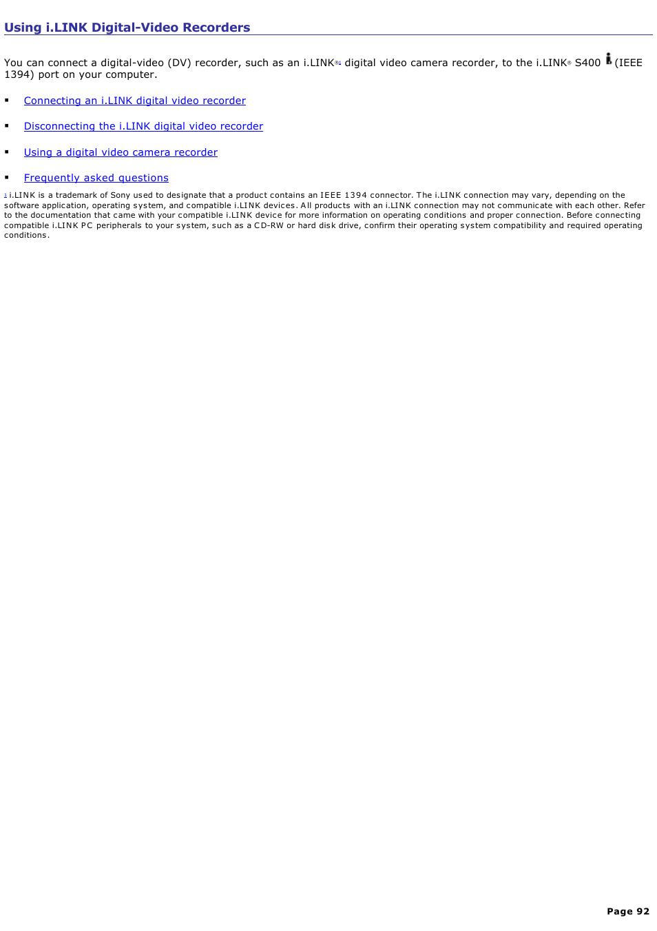 Using i.link digital-video recorders | Sony PCG-V505DC2K User Manual | Page 92 / 131