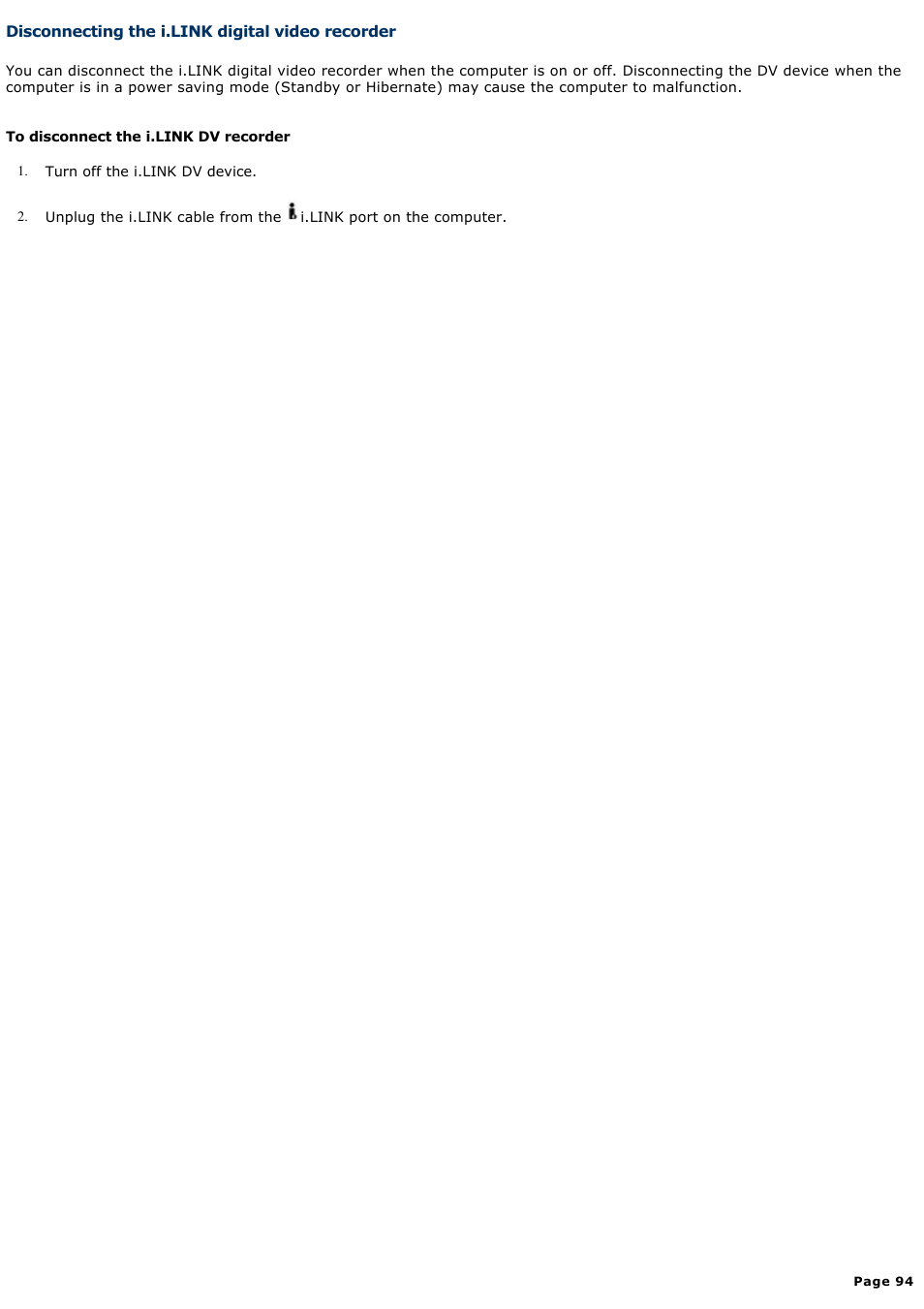 Disconnecting the i.link digital video recorder | Sony PCG-V505DC2K User Manual | Page 94 / 131