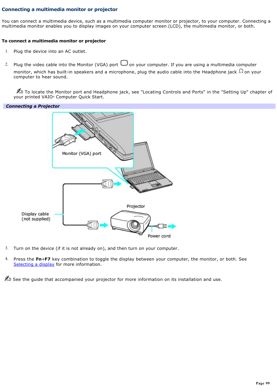 Connecting a multimedia monitor or projector | Sony PCG-V505DC2K User Manual | Page 99 / 131