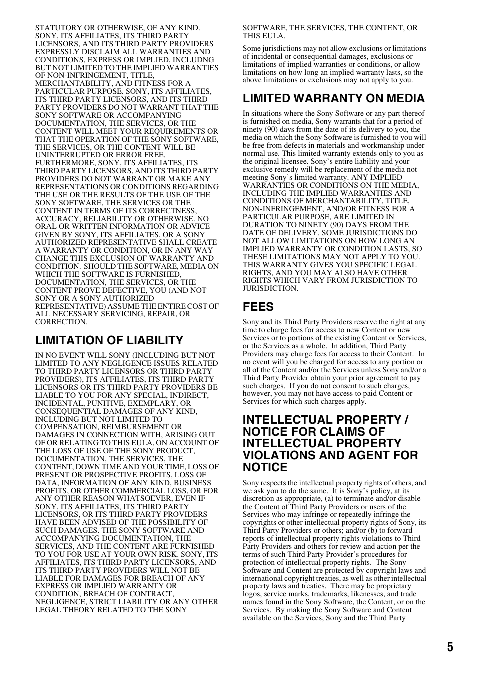 Limitation of liability, Limited warranty on media, Fees | Sony BDV-T57 User Manual | Page 5 / 12