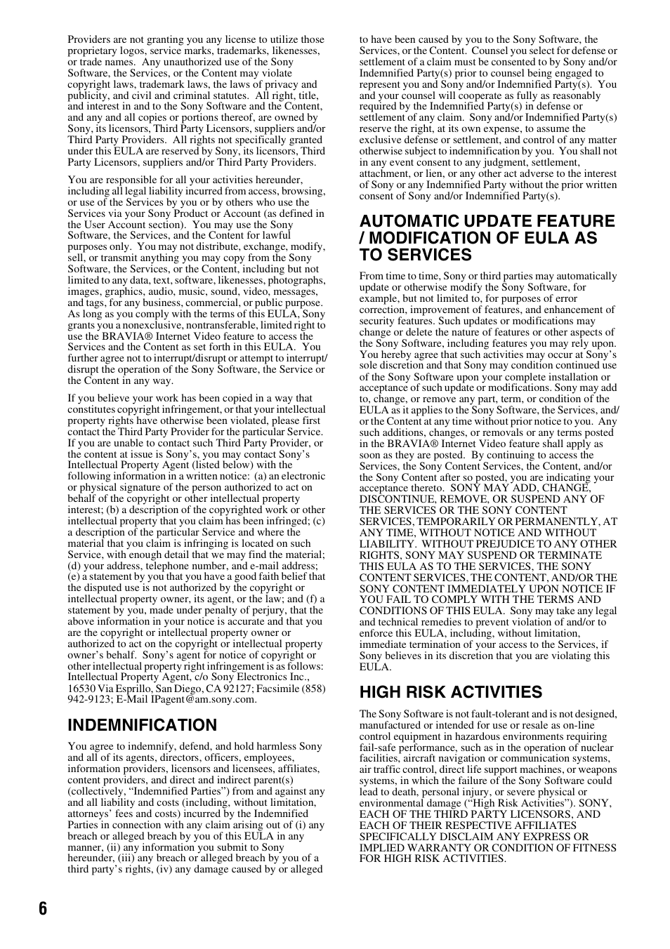 Indemnification, High risk activities | Sony BDV-T57 User Manual | Page 6 / 12