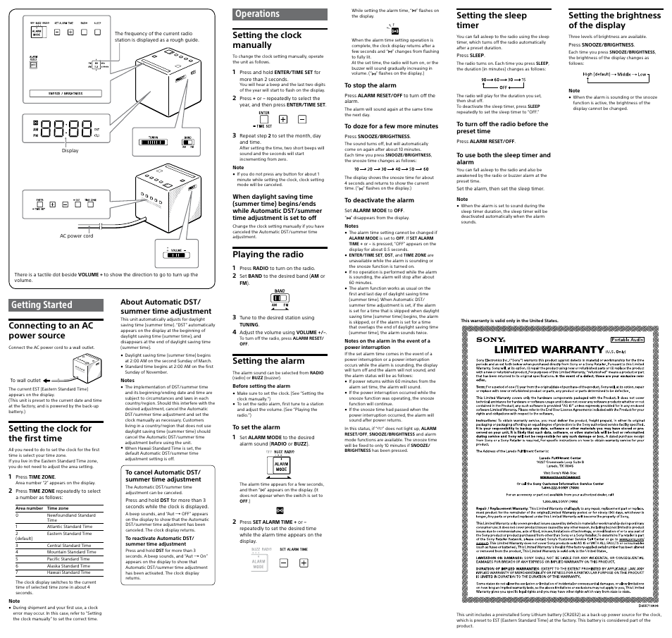 Getting started, Operations, Connecting to an ac power source | Setting the clock for the first time, Setting the clock manually, Playing the radio, Setting the alarm, Setting the sleep timer, Setting the brightness of the display | Sony ICF-C1 User Manual | Page 2 / 2