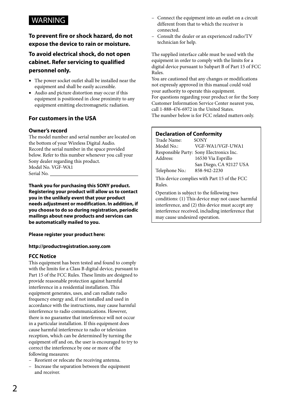 Warning | Sony VGF-WA1 User Manual | Page 2 / 75