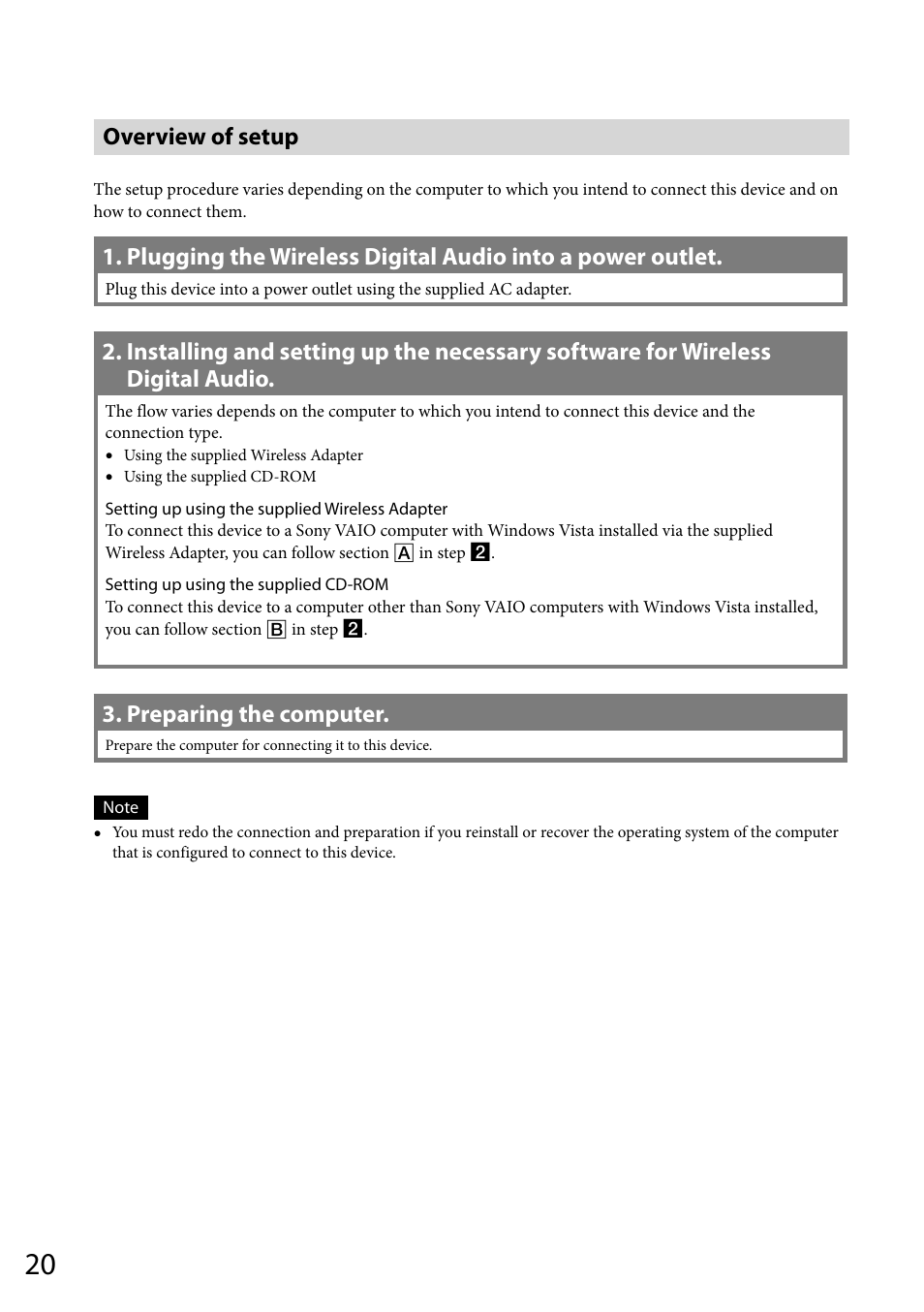 Overview of setup, Preparing the computer | Sony VGF-WA1 User Manual | Page 20 / 75