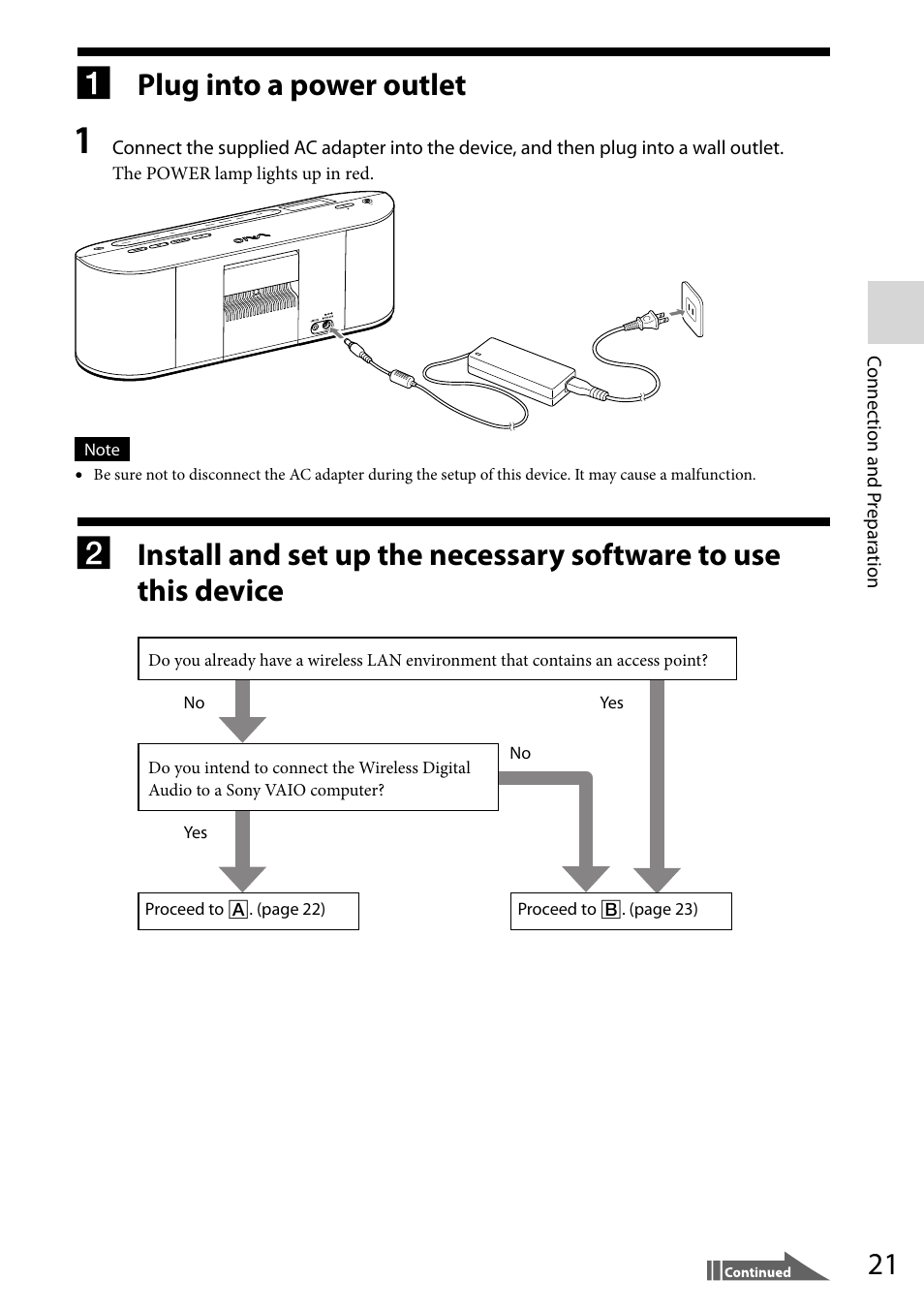 1 plug into a power outlet, Plug into a power outlet | Sony VGF-WA1 User Manual | Page 21 / 75