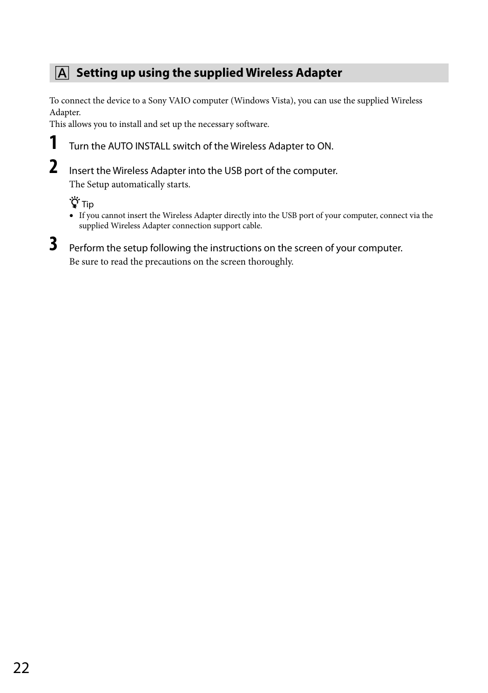 A setting up using the supplied wireless adapter | Sony VGF-WA1 User Manual | Page 22 / 75