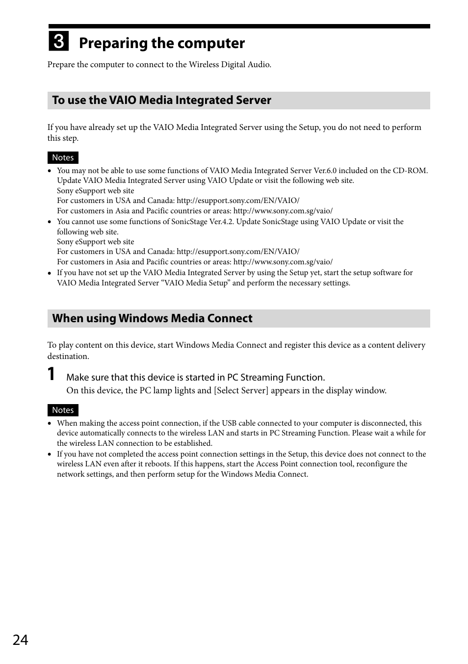 3 preparing the computer, To use the vaio media integrated server, To use windows media connect | Preparing the computer, When using windows media connect | Sony VGF-WA1 User Manual | Page 24 / 75