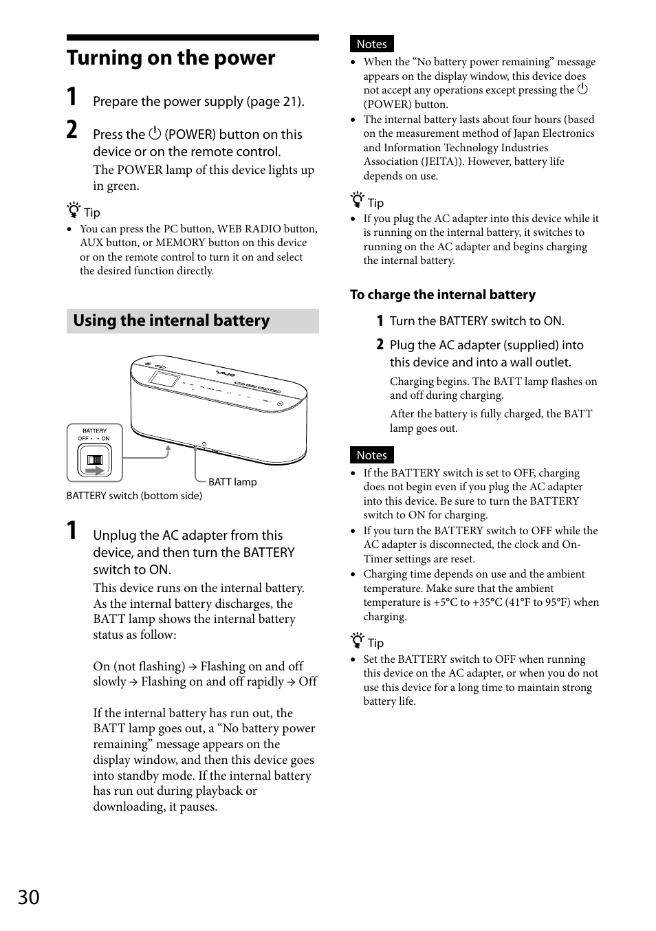 Turning on the power, Using the internal battery | Sony VGF-WA1 User Manual | Page 30 / 75