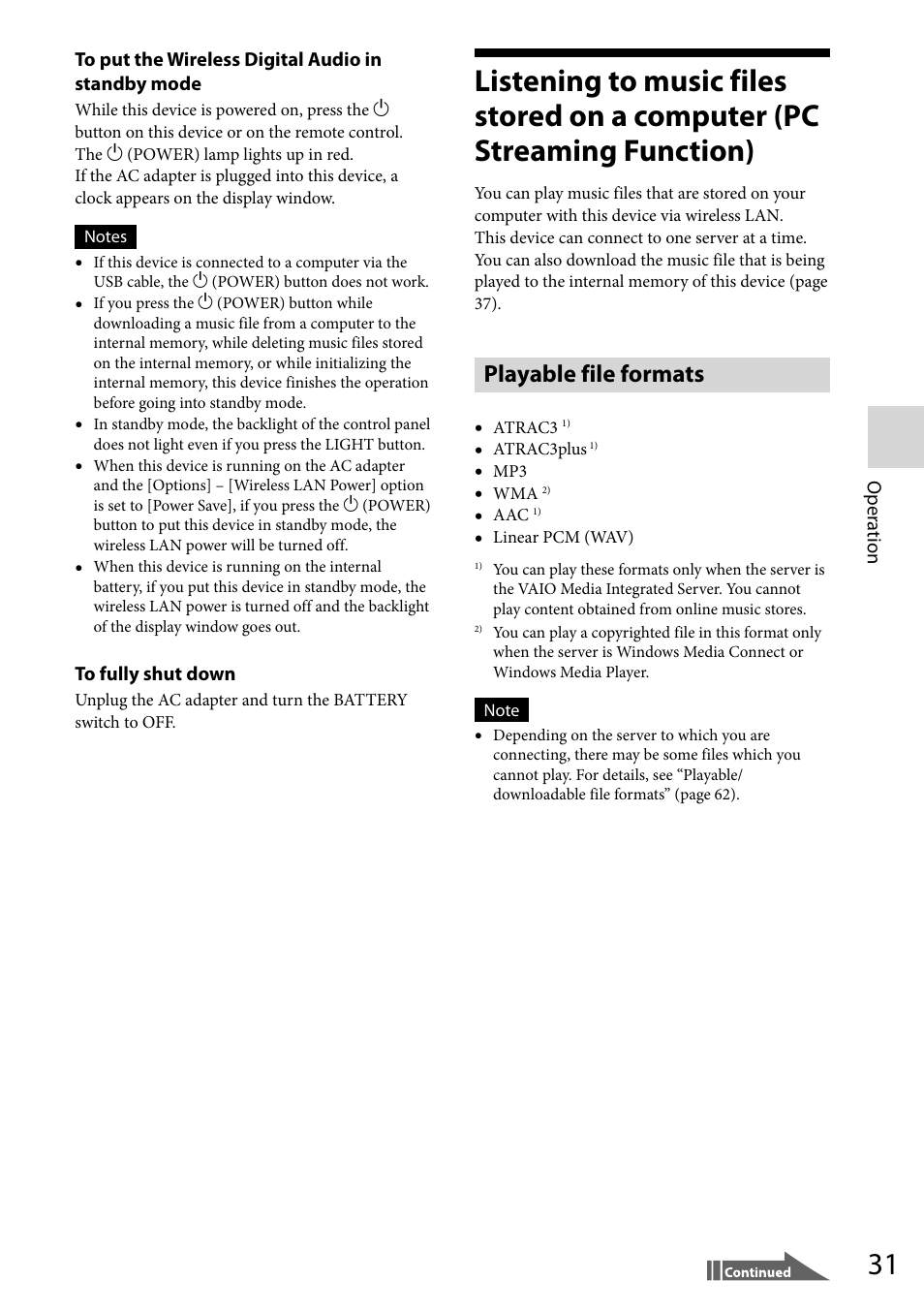 Playable file formats | Sony VGF-WA1 User Manual | Page 31 / 75