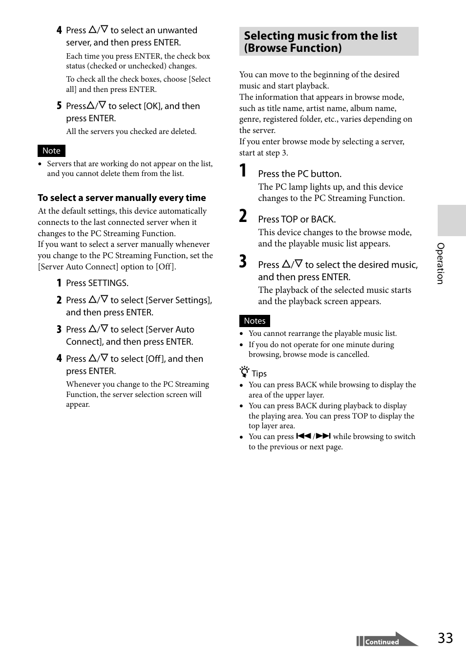 Selecting music from the list (browse function) | Sony VGF-WA1 User Manual | Page 33 / 75