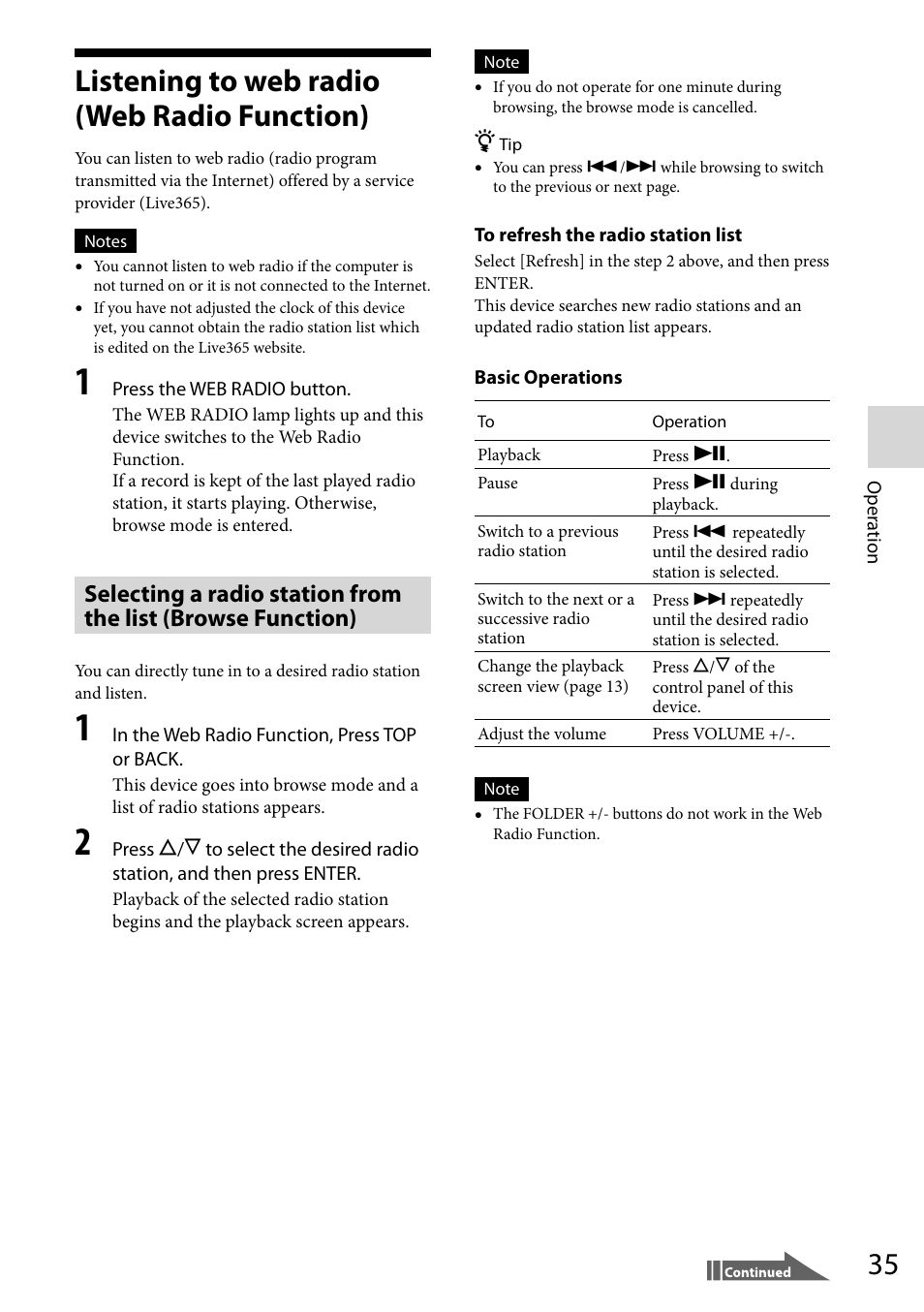 Listening to web radio (web radio function) | Sony VGF-WA1 User Manual | Page 35 / 75