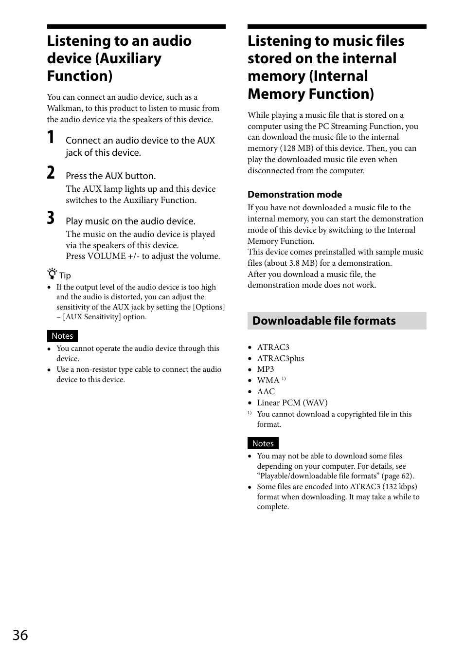 Listening to an audio device (auxiliary function), Downloadable file formats | Sony VGF-WA1 User Manual | Page 36 / 75