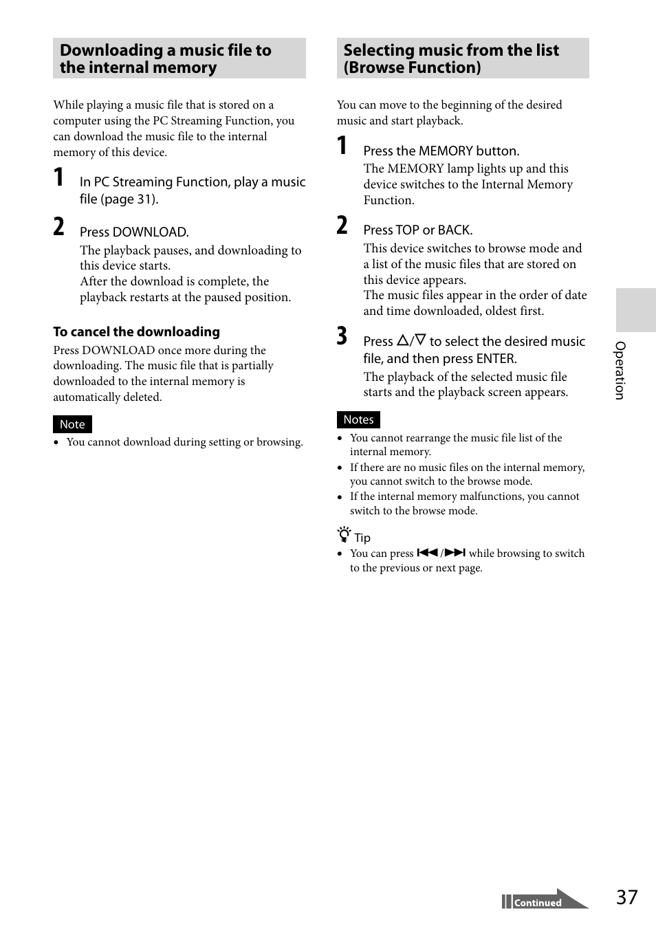 Downloading a music file to the internal memory, Selecting music from the list (browse function) | Sony VGF-WA1 User Manual | Page 37 / 75