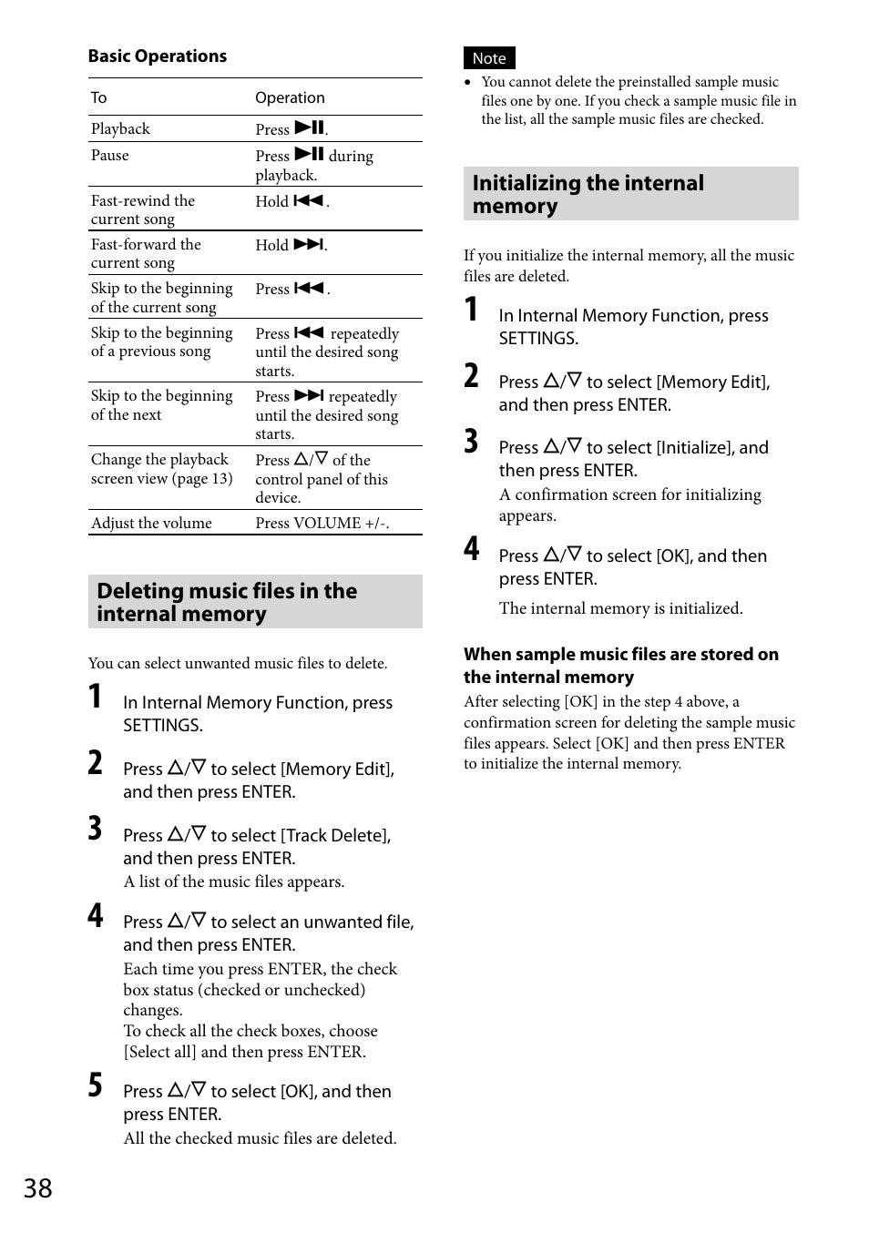 Deleting music files in the internal memory, Initializing the internal memory | Sony VGF-WA1 User Manual | Page 38 / 75