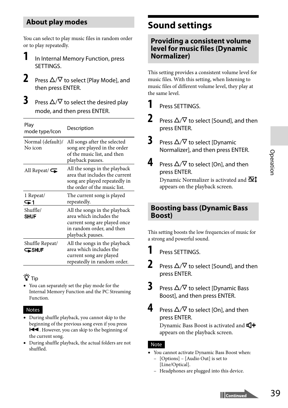 About play modes, Sound settings, Boosting bass (dynamic bass boost) | Sony VGF-WA1 User Manual | Page 39 / 75