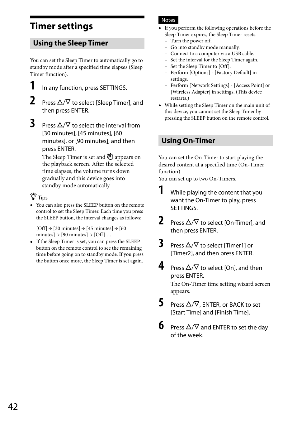 Timer settings, Using the sleep timer, Using on-timer | Sony VGF-WA1 User Manual | Page 42 / 75