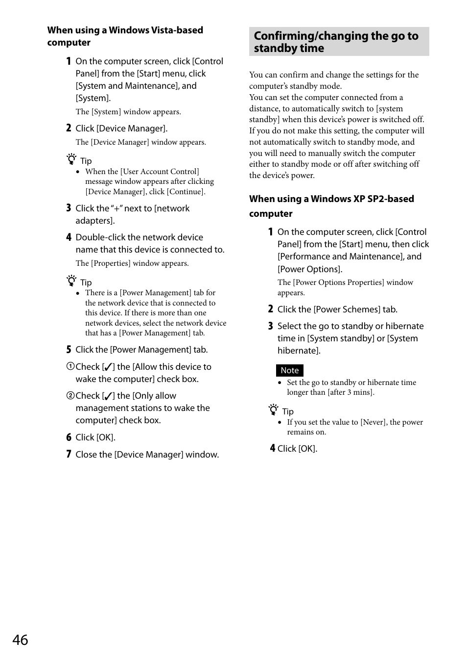 Confirming/changing the go to standby time | Sony VGF-WA1 User Manual | Page 46 / 75