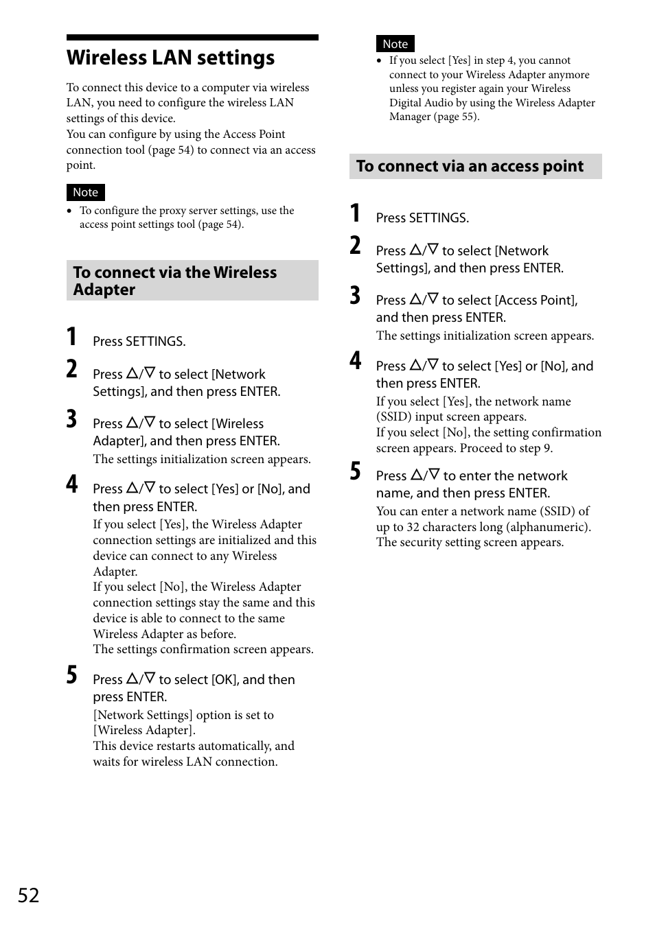 Wireless lan settings, To connect via the wireless adapter, To connect via an access point | Sony VGF-WA1 User Manual | Page 52 / 75