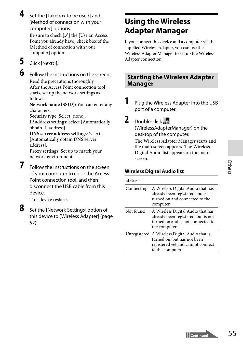 Using the wireless adapter manager, Starting the wireless adapter manager | Sony VGF-WA1 User Manual | Page 55 / 75