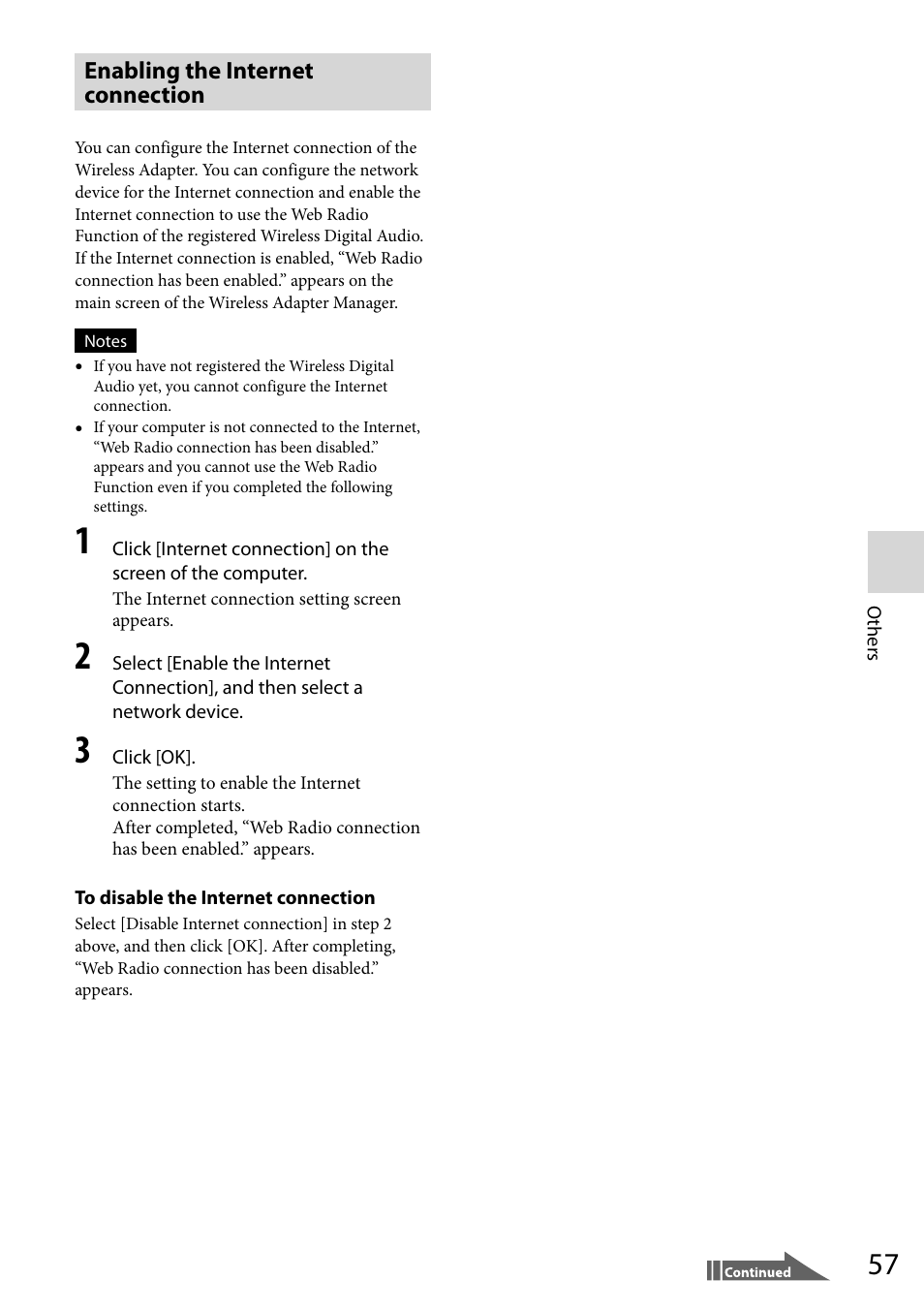 Enabling the internet connection | Sony VGF-WA1 User Manual | Page 57 / 75