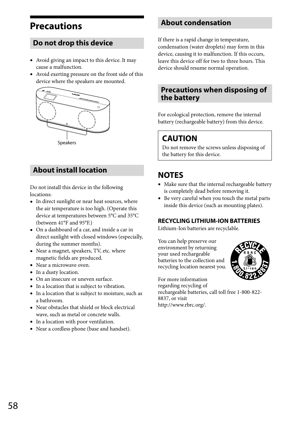 Precautions, Do not drop this device, About install location | About condensation, Precautions when disposing of the battery, Caution | Sony VGF-WA1 User Manual | Page 58 / 75