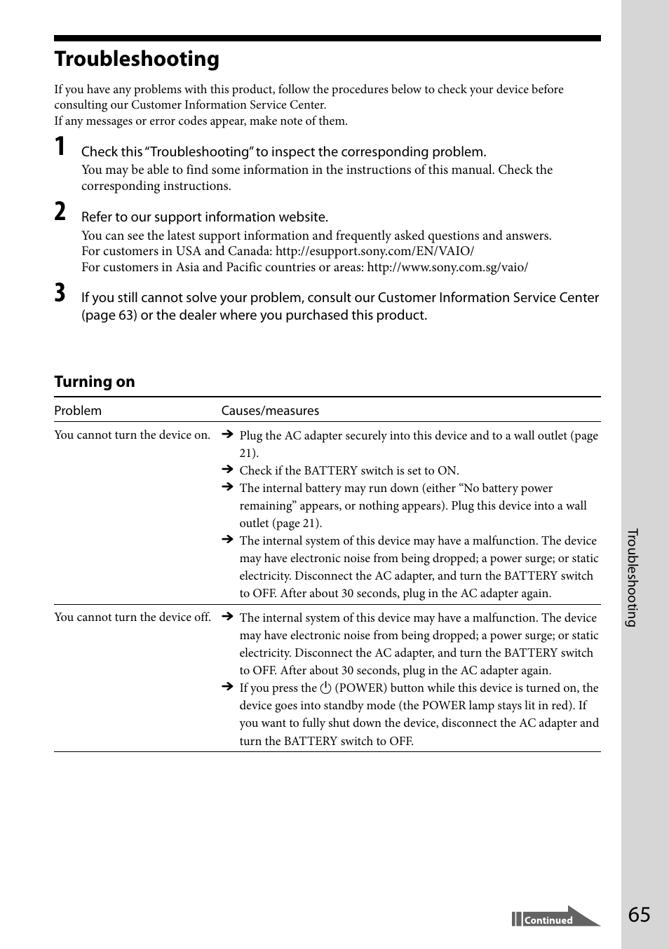 Troubleshooting, Turning on | Sony VGF-WA1 User Manual | Page 65 / 75