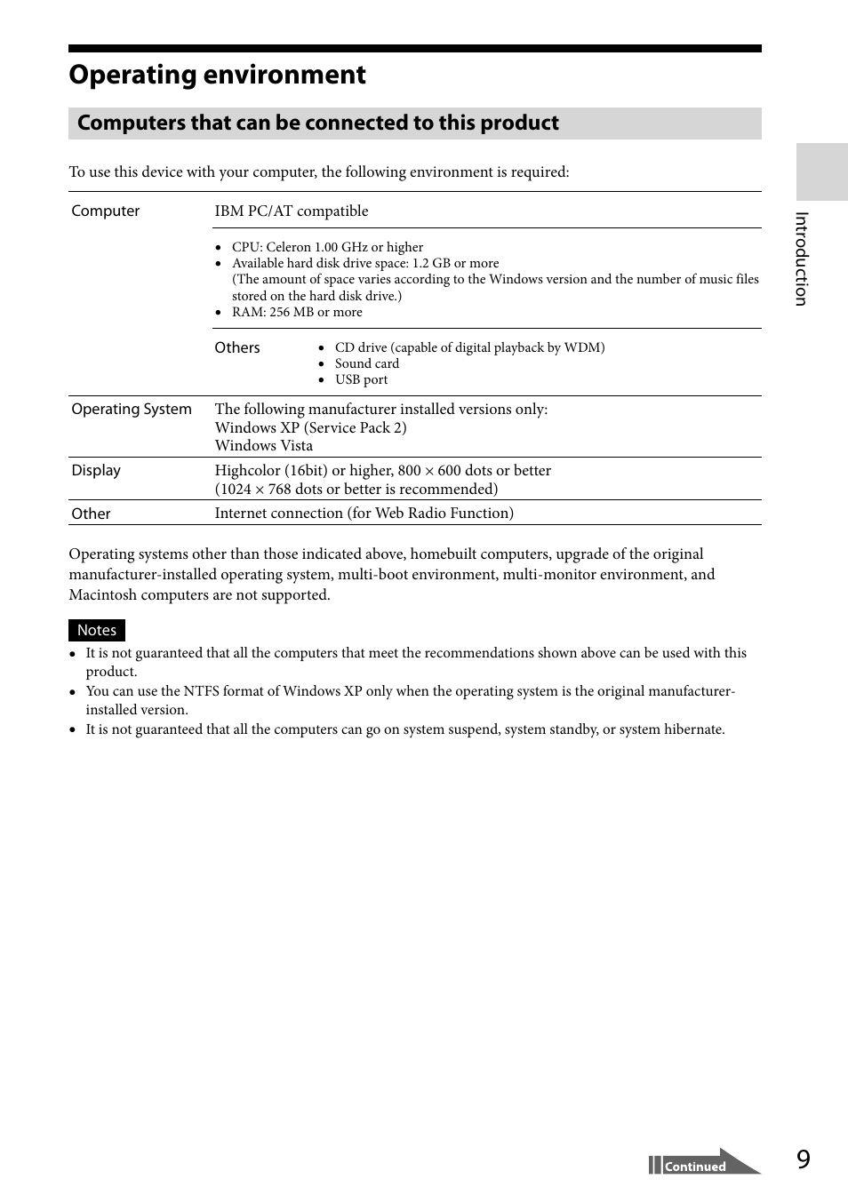 Operating environment, Computers that can be connected to this product | Sony VGF-WA1 User Manual | Page 9 / 75