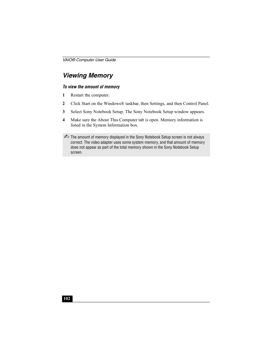 Viewing memory | Sony PCG-R505ESK User Manual | Page 102 / 222