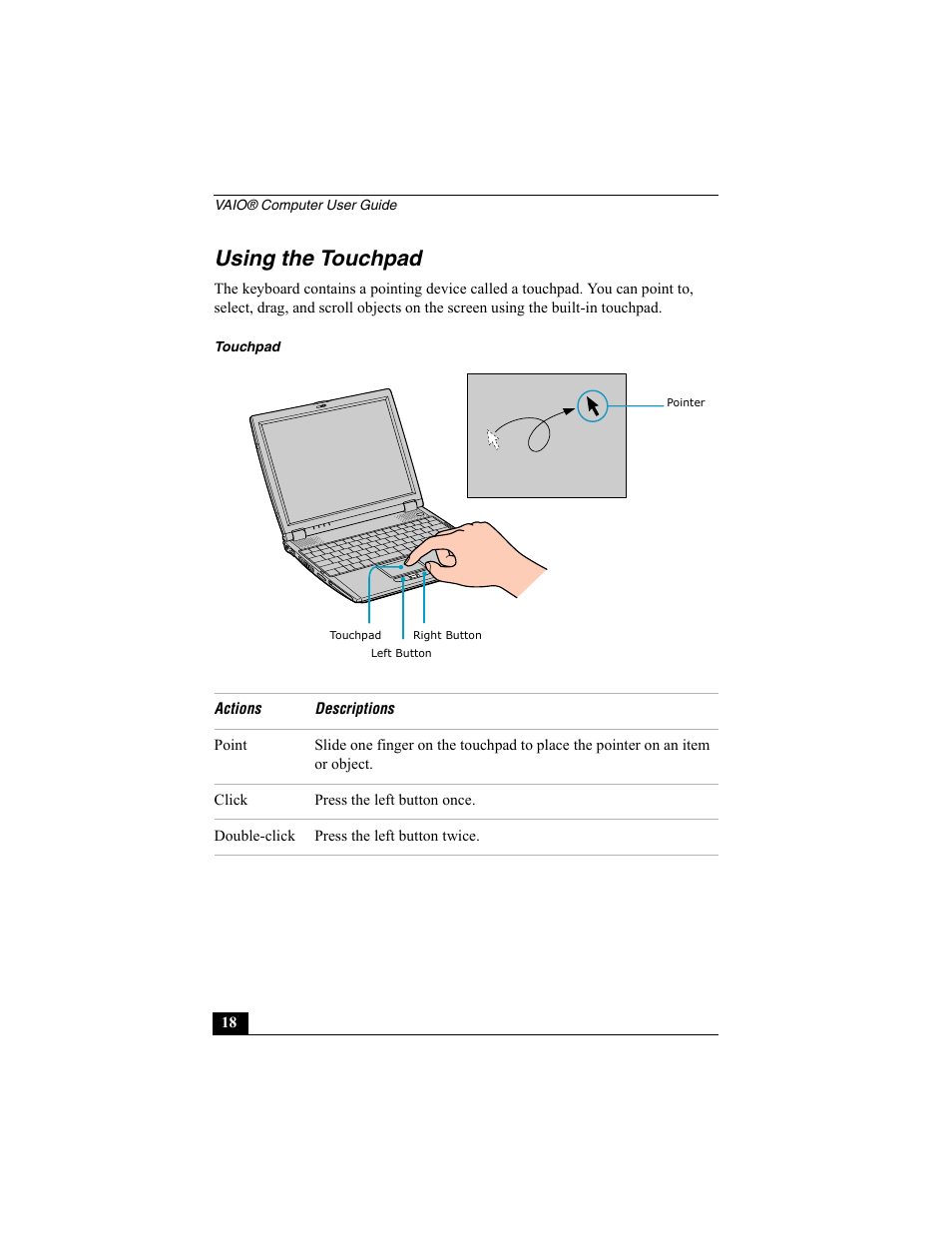 Using the touchpad | Sony PCG-R505ESK User Manual | Page 18 / 222