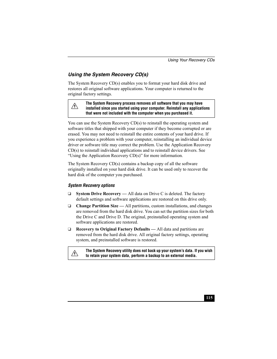 Using the system recovery cd(s) | Sony PCG-R505ESK User Manual | Page 187 / 222