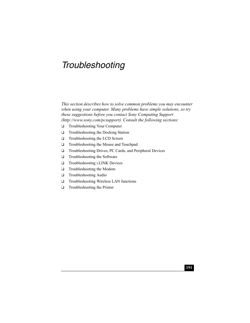 Troubleshooting | Sony PCG-R505ESK User Manual | Page 191 / 222