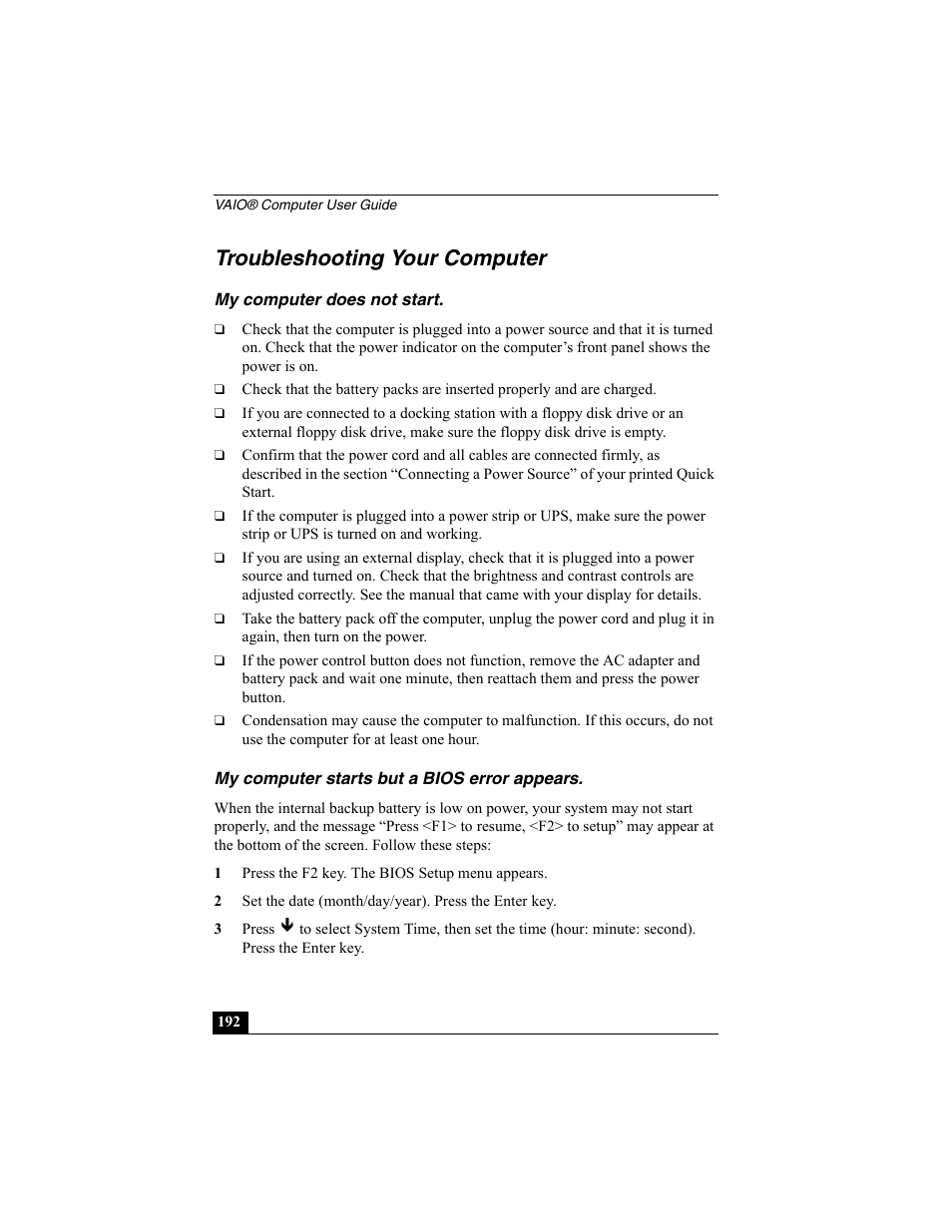 Troubleshooting your computer, My computer does not start, My computer starts but a bios error appears | Sony PCG-R505ESK User Manual | Page 192 / 222
