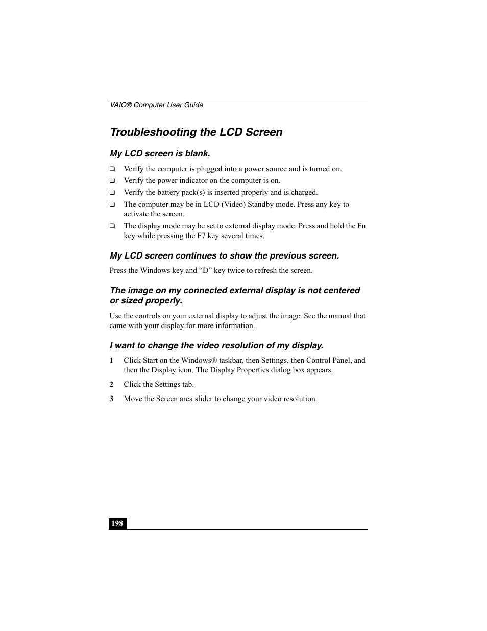 Troubleshooting the lcd screen, My lcd screen is blank | Sony PCG-R505ESK User Manual | Page 198 / 222