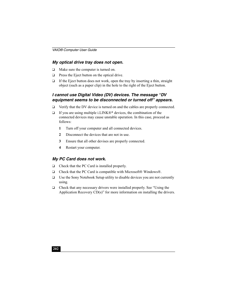 My optical drive tray does not open, My pc card does not work | Sony PCG-R505ESK User Manual | Page 202 / 222