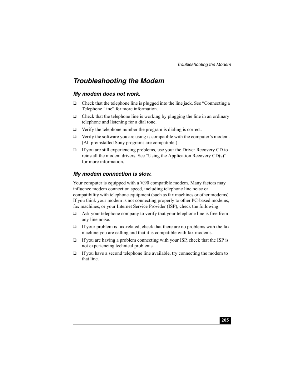 Troubleshooting the modem, My modem does not work, My modem connection is slow | My modem does not work my modem connection is slow | Sony PCG-R505ESK User Manual | Page 205 / 222